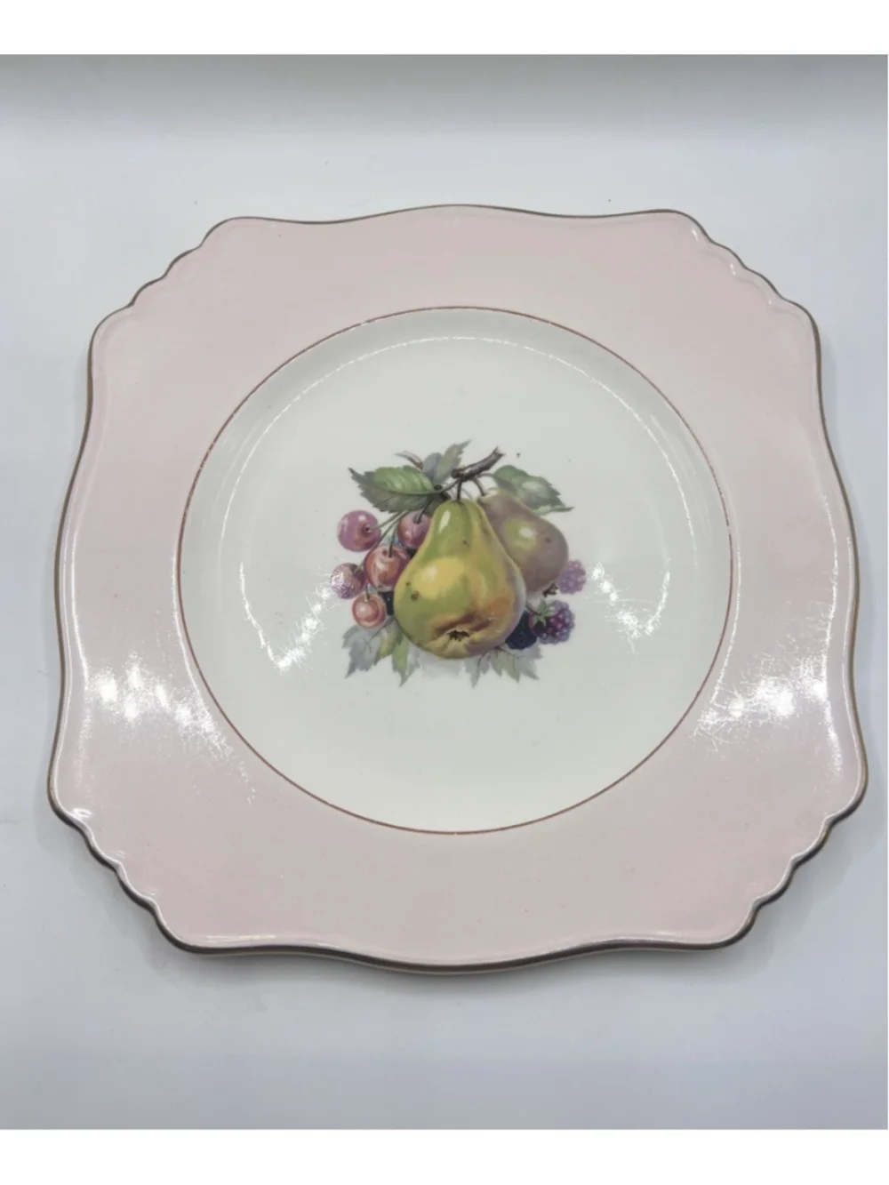 Royal Winton England Grimwades Plate 8.5” Pink Square Fruit Scalloped Gold Edges